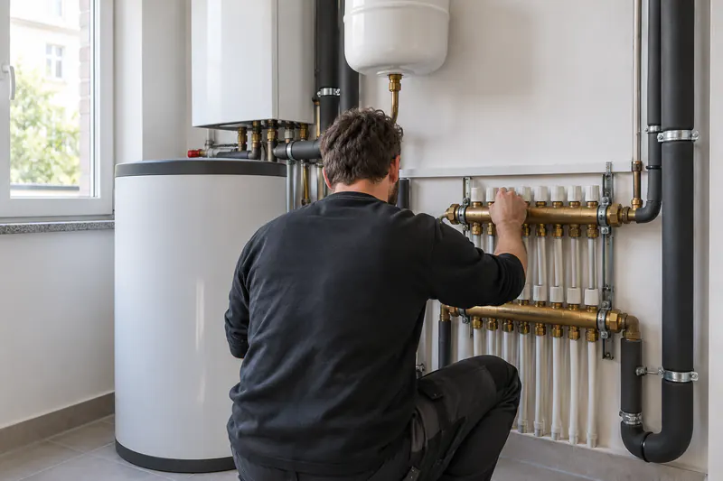 Heizungsinstallateur bei der Arbeit an einer Wärmepumpe in einem Wiener Technikraum