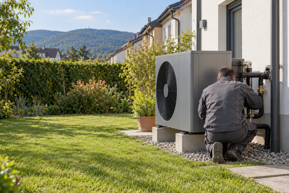 Installateur prüft das Außengerät einer Wärmepumpe an einem Wiener Reihenhaus